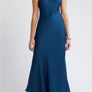 Open Edit Halter Blue Satin Maxi Dress